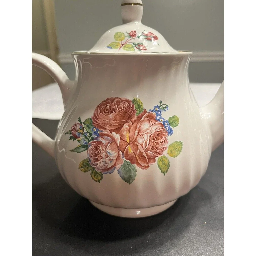 Vtg Arthur Wood England Pink Roses Swirl Gold Trim Teapot